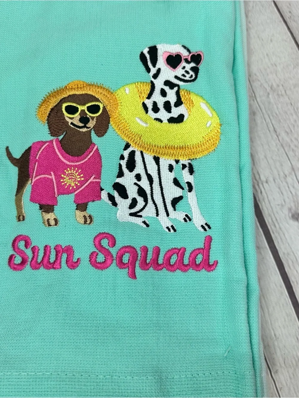 NWT Turquoise 'Sun Squad' Embroidered Dog Kitchen Towel 2pk dachshund Dalmatian